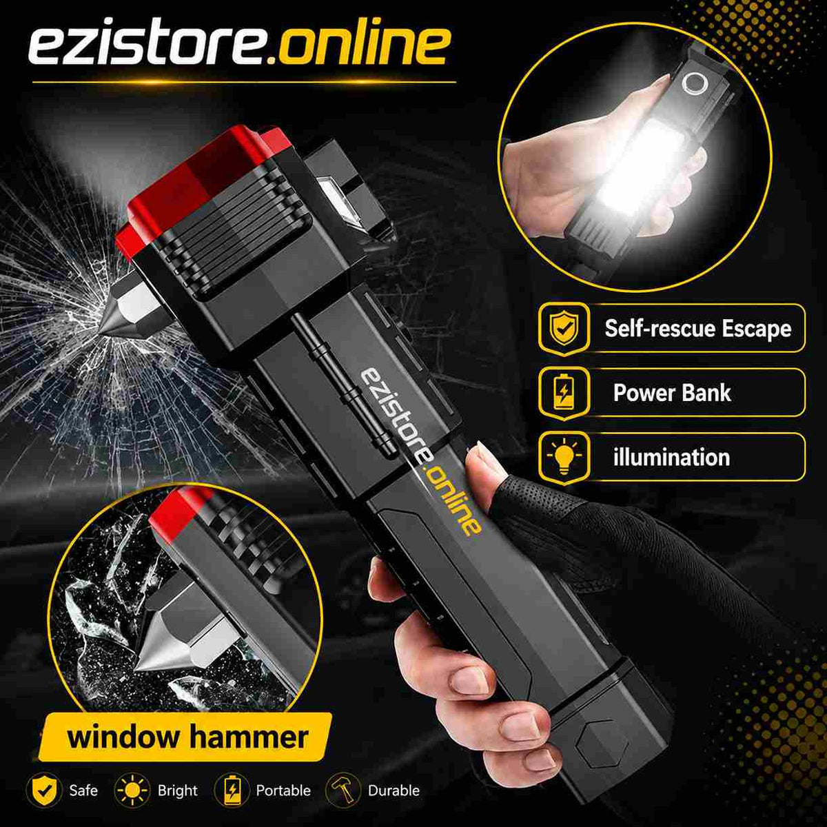 High Power LED Torch Light Rechargeable Flashlight With Tactical Hammer And Power Bank Providing Strong Brightness