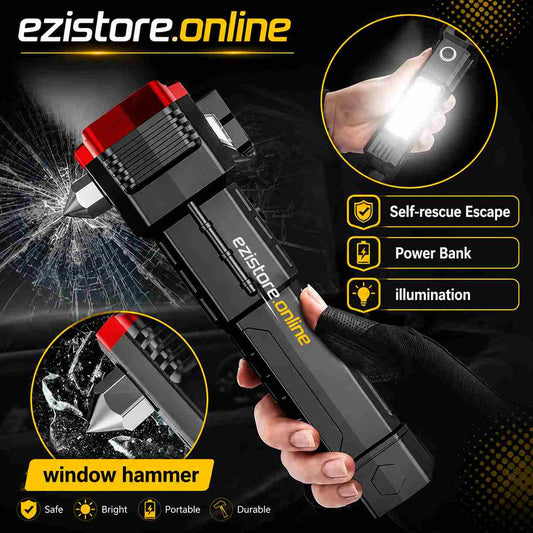 High Power LED Torch Light Rechargeable Flashlight With Tactical Hammer And Power Bank Providing Strong Brightness