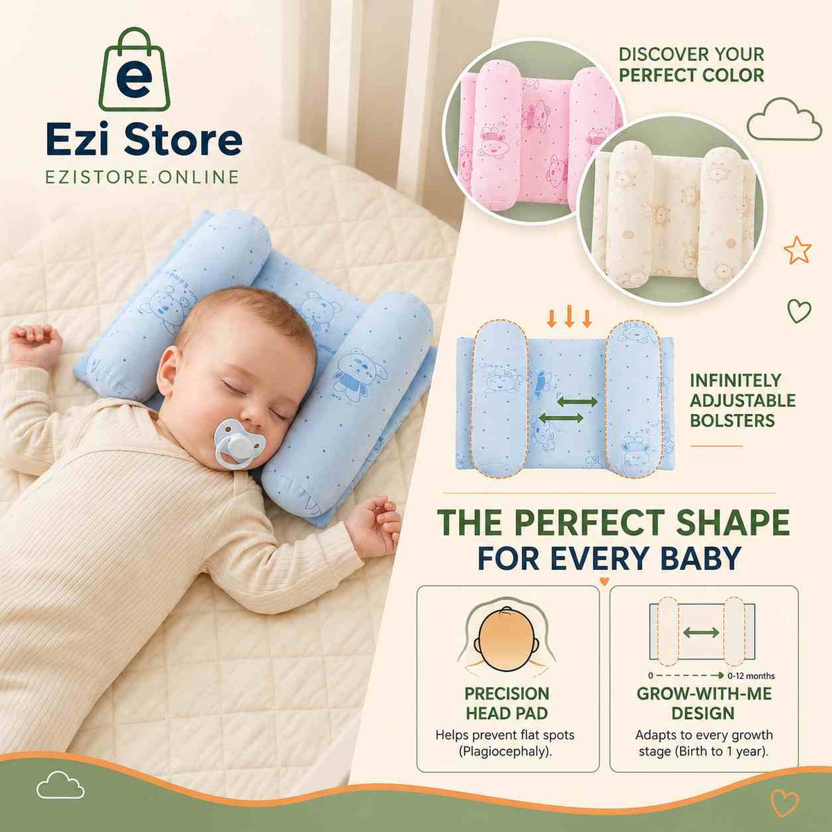 Baby Head Shaping Pillow Hypoallergenic, Flat Head Prevention, Pediatrician Approved