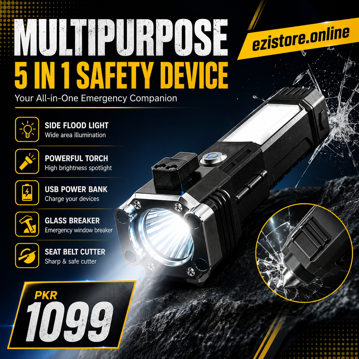 High Power LED Torch Light Rechargeable Flashlight With Tactical Hammer And Power Bank Providing Strong Brightness